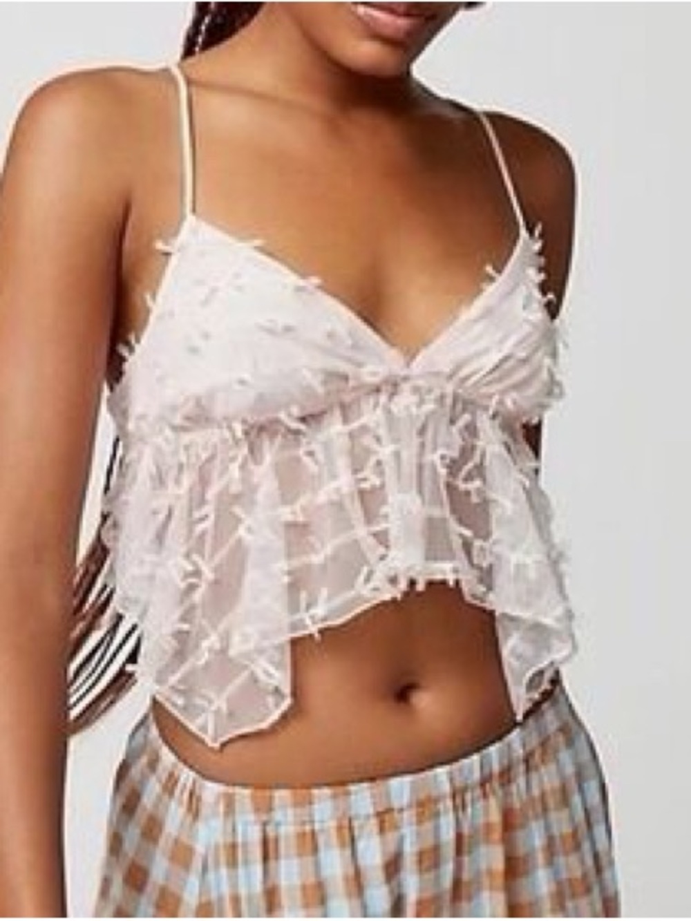 Urban Outfitters Pale Pink Sheer Ruffle Lace Crop Cami
